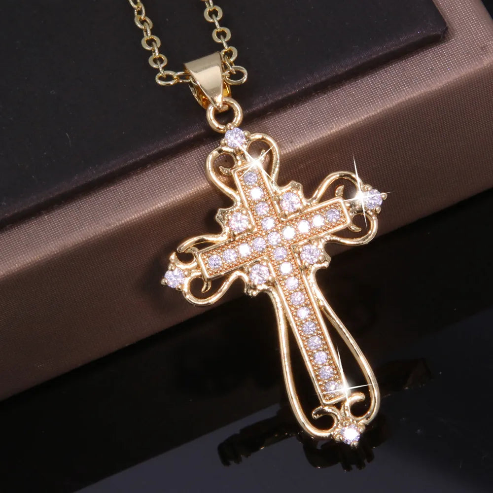 Trendy necklaces for women -Copper 18K Gold Plated Inlay Cross Heart Shape Zircon Pendant Necklace