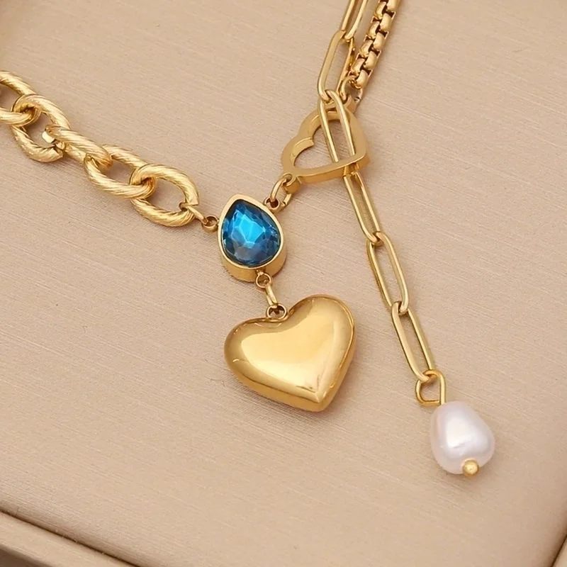 Long necklaces for women -Wholesale 1 Piece Vintage Style Water Droplets Heart Shape Stainless Steel 18k Gold Plated Gem Pendant Necklace