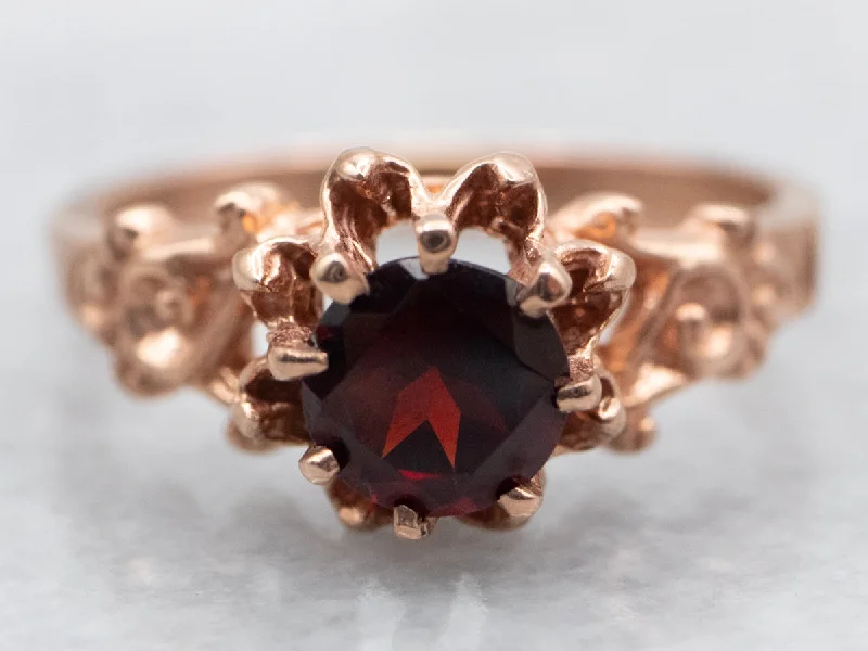 Minimalist rings for women -Ornate Rose Gold Garnet Solitaire Ring