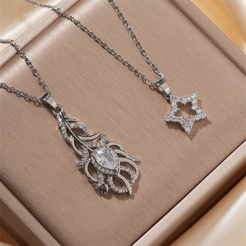 Women’s chain necklaces with charms -Wholesale Casual Basic Classic Style Pentagram Rose 304 Stainless Steel Copper Inlay Rhodium Plated Zircon Pendant Necklace