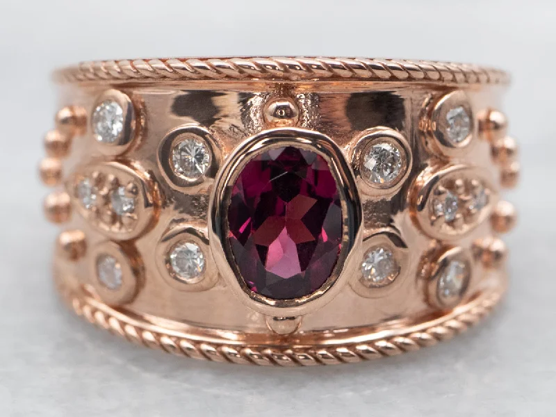 Minimalist wedding rings for women -Rose Gold Bezel Set Oval Cut Rhodolite Garnet Ring with Diamond Accents