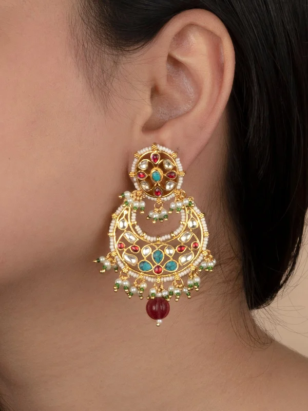 Diamond stud earrings for women -Multicolor Gold Plated Jadau Kundan Earrings - ME1171MA