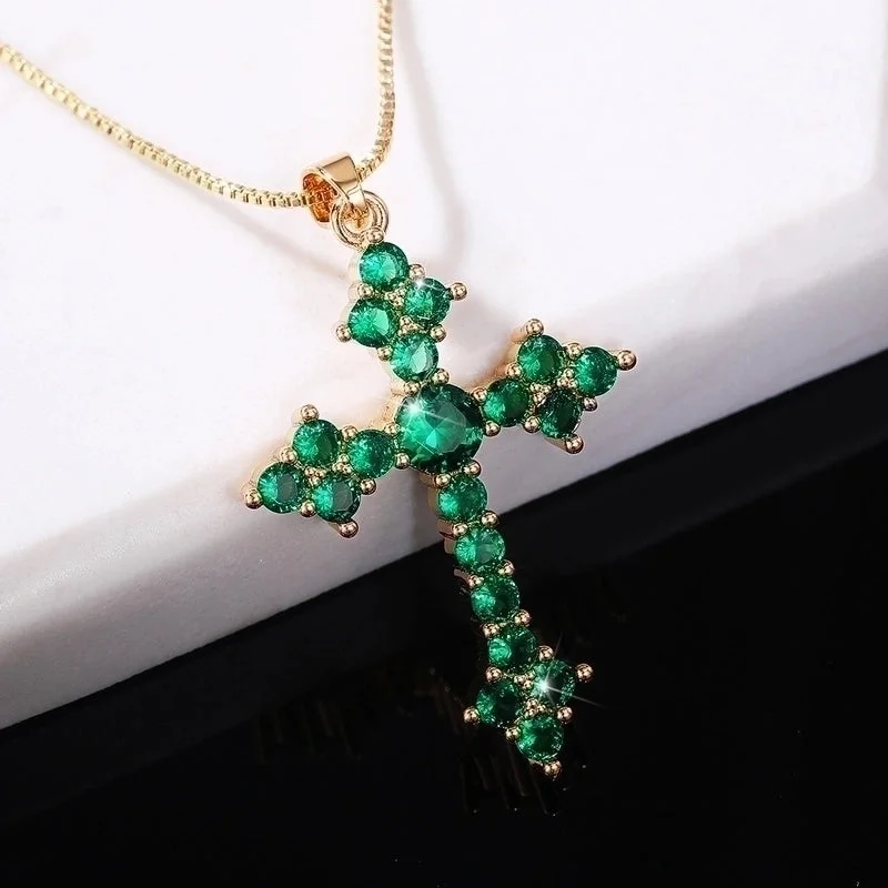 Elegant crystal necklaces for women -European And American Fashion Cross Zircon Copper Necklace