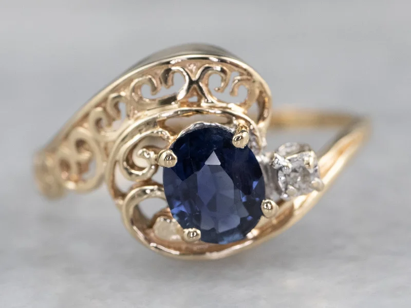 Sapphire rings for women -Asymmetrical Sapphire Diamond Gold Filigree Ring