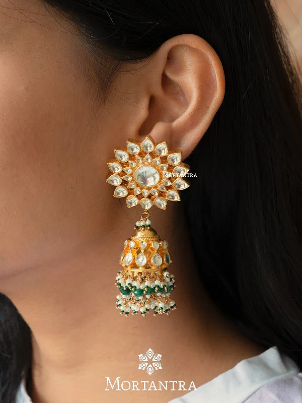 Zircon earrings for women -Green Color Gold Plated Jadau Kundan Earrings - ME1027Y