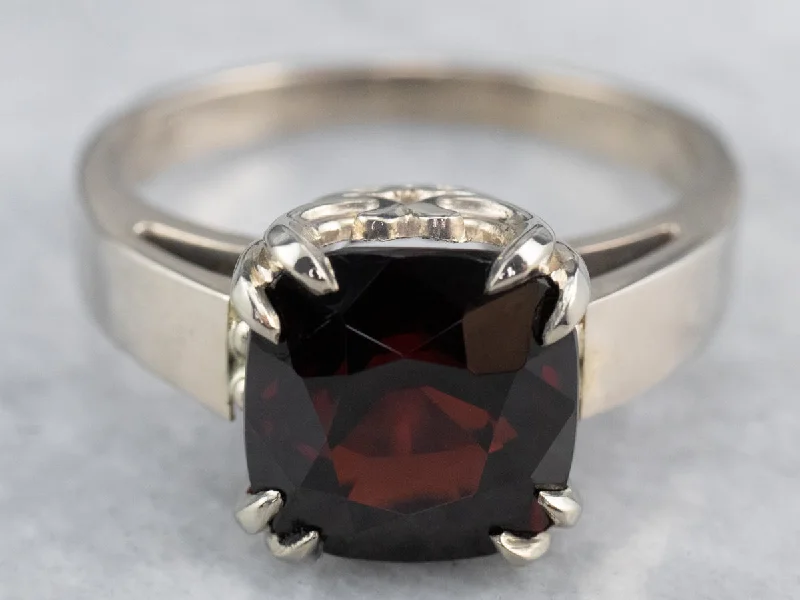 Classic solitaire rings for women -Cushion Cut Garnet White Gold Solitaire Ring