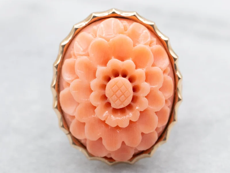 Gemstone rings for women -Vintage Gold Carved Coral Flower Cocktail Ring