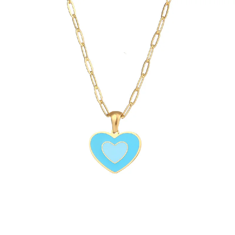 Double layered oil dripping love pendant necklace - Sky Blue