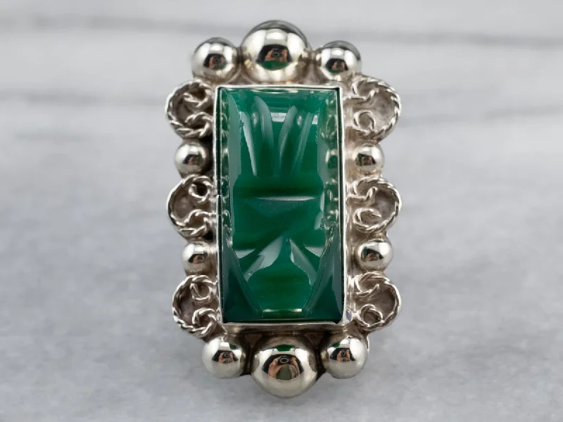 Ring sets for women -Carved Green Onyx Sterling Silver Ring