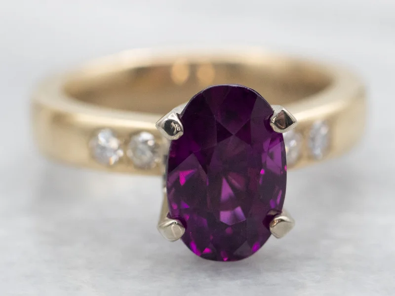 Luxury rose gold rings for women -Yellow and White Gold Oval Cut Rhodolite Garnet Ring with Diamond Accents