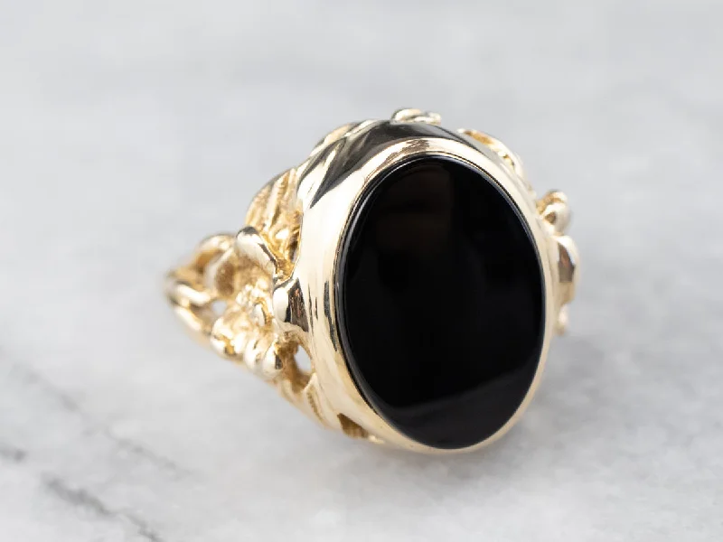 Chunky rings for women -Vintage Floral Black Onyx Ring