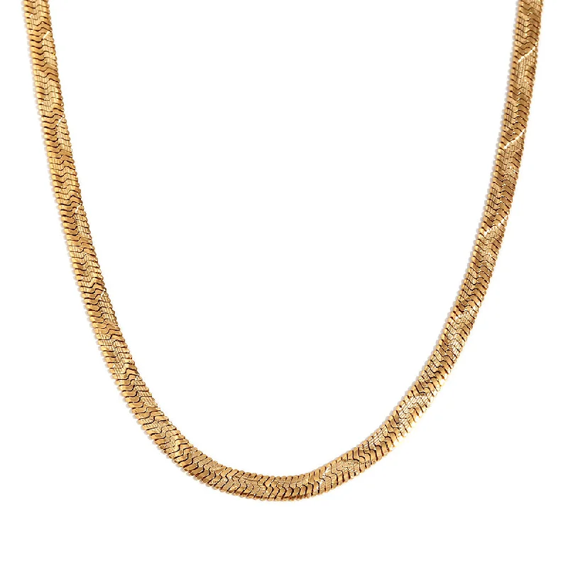 Wave Embossed Fishbone Chain Necklace - Gold