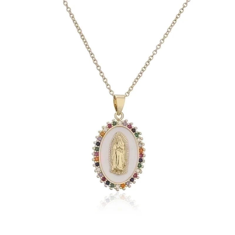 Women’s diamond necklaces -New Copper-plated 18k Gold Dripping Oil Zircon Virgin Mary Pendent Necklace Wholesale