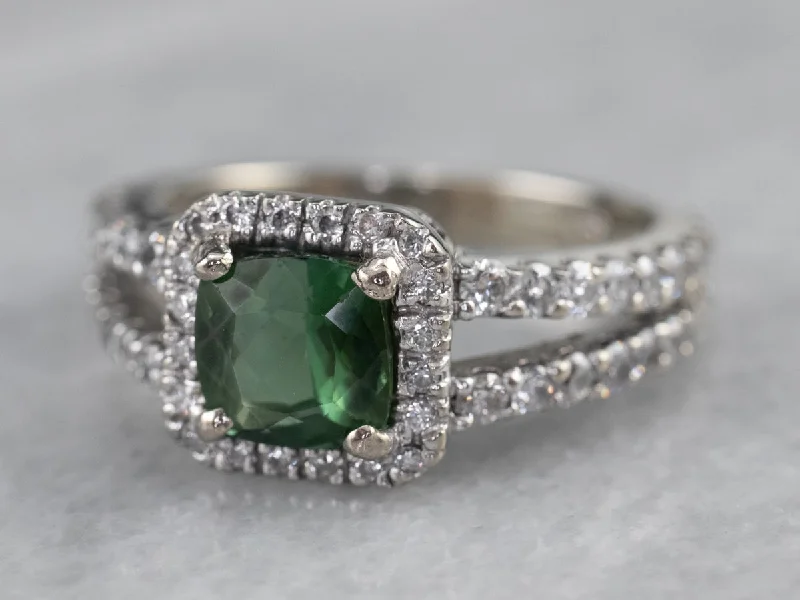 Platinum rings for women -Green Tourmaline Diamond Halo Ring