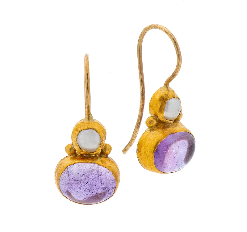 Animal-themed earrings for women -Nava Zahavi Yellow Gold Pearl and Amethyst Earrings