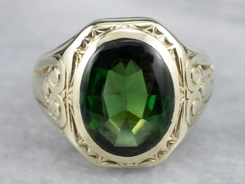 Custom silver engagement rings for women -Antique Green Gold Tourmaline Statement Ring