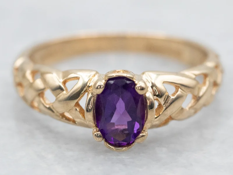 Solitaire rings for women -Braided Gold Amethyst Solitaire Ring