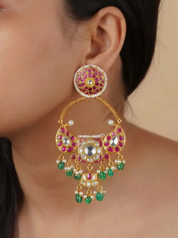 Cute earrings for women -Pink Color Gold Plated Thappa Jadau Kundan Earrings - TJ-E94MA