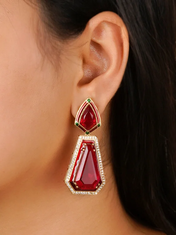 Stud earrings for women -Red Color Gold Plated Contemporary Earrings - CC-EAR14R