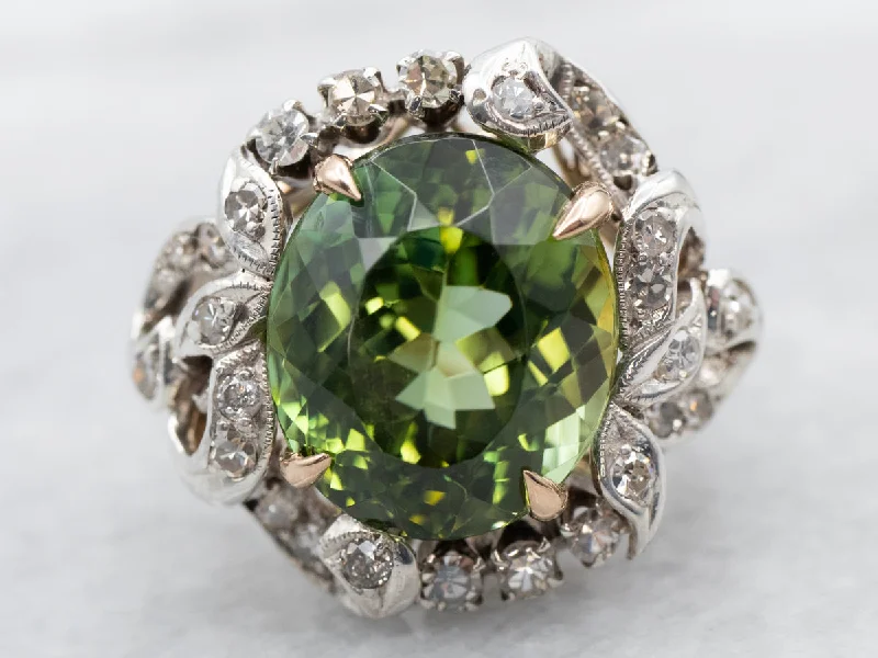 Round-cut rings for women -Mixed Metal Yellow Gold and Sterling Silver Green Tourmaline Cocktail Ring with Diamond Accents