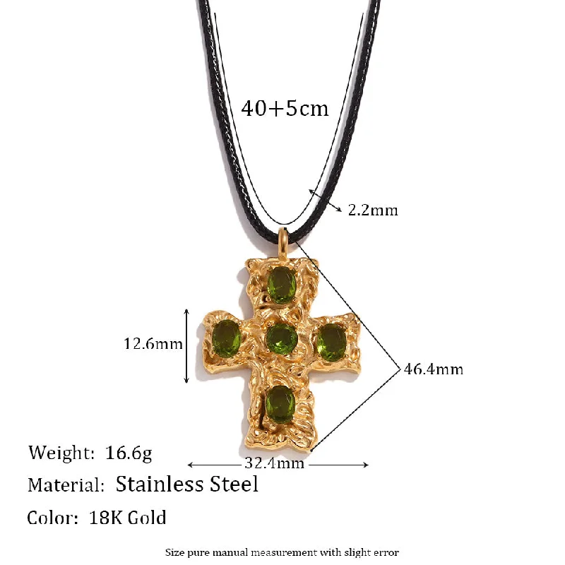 Beat Pattern Cross Black Rope Necklace - Gold - Green Diamond