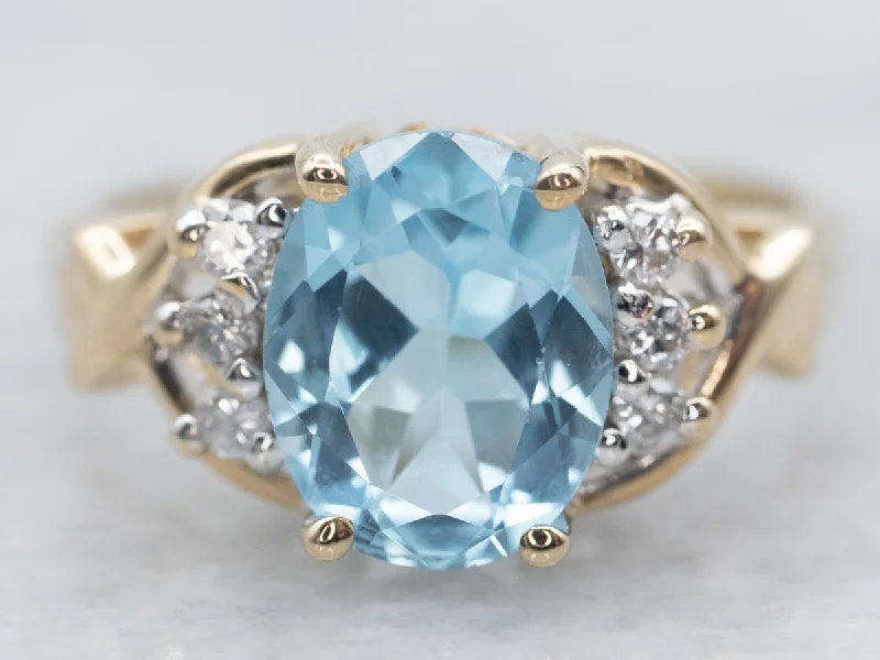 Women’s turquoise rings -Yellow Gold Blue Topaz Ring with Diamond Accents