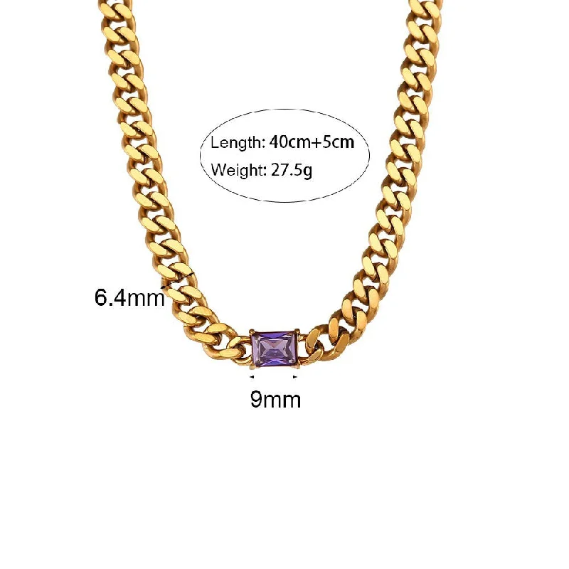 Cuban Chain Rectangular Zircon Necklace - Gold - Purple Diamond