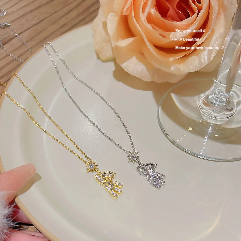 Long gold necklaces for women -Wholesale Elegant Sweet Little Bear 304 Stainless Steel Copper Inlay Zircon Pendant Necklace