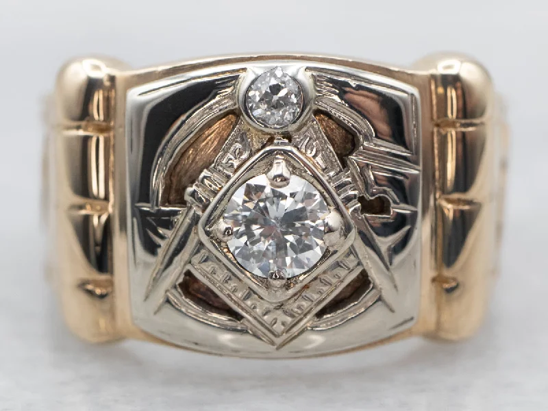 Custom gold wedding rings for women -Retro Era Old Mine Cut Diamond Men's Masonic Ring