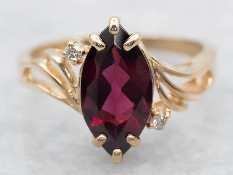 Classic solitaire rings for women -Yellow Gold Marquise Cut Rhodolite Garnet Bypass Ring with Diamond Accents