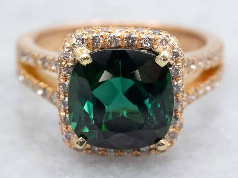 Small rings for women -Green Tourmaline and Diamond Halo Ring