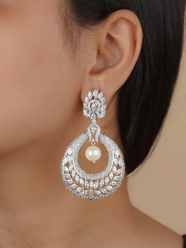 Textured earrings for women -White Color Silver Plated Faux Diamond Earrings - CZEAR531