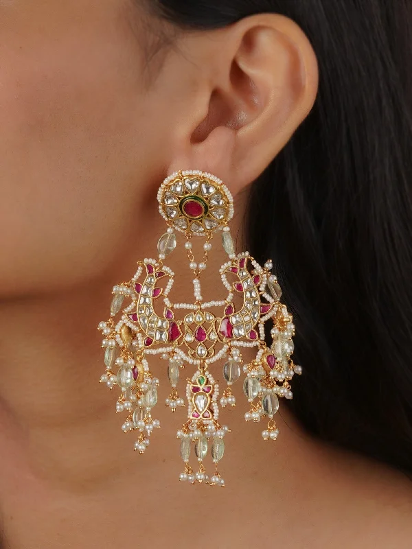 Luxury gold earrings for women -Pink Color Gold Plated Jadau Kundan Earrings - ME774WP