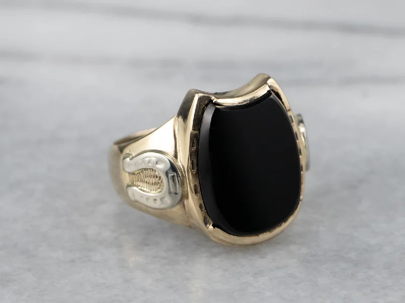 Heart-shaped rings for women -Black Onyx Gold "Horseshoe" Ring