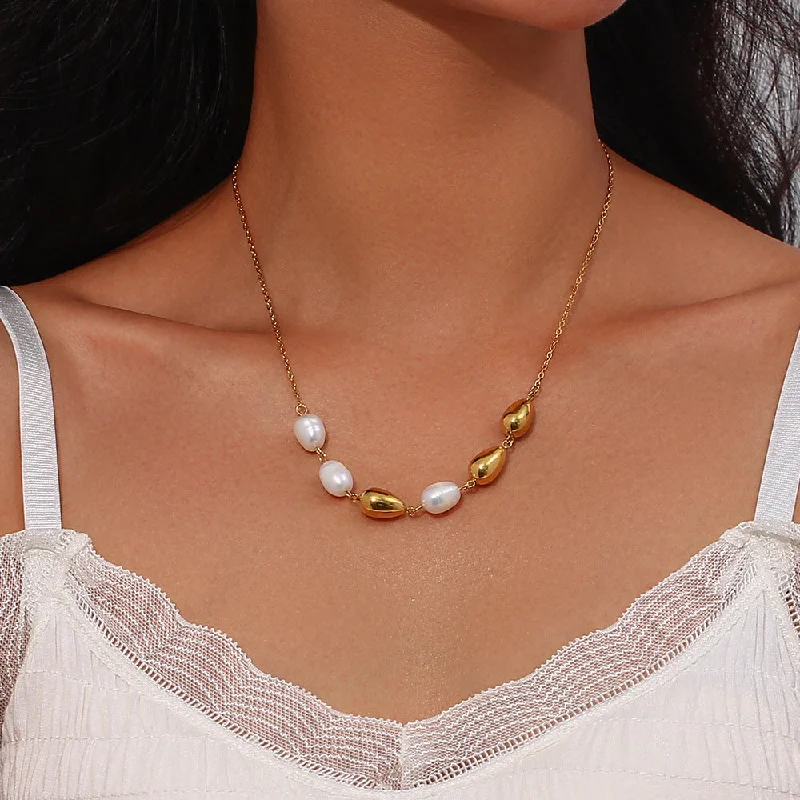 Unique necklaces for women -Fashion Pearl Geometric Stainless Steel 18K Gold Plated Necklaces