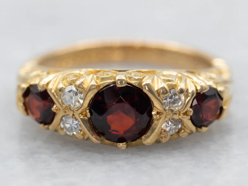 Large rings for women -Yellow Gold Round Cut Garnet Ring with Diamond Accents