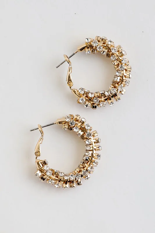 Textured earrings for women -Bianca Gold Rhinestone Hoop Earrings