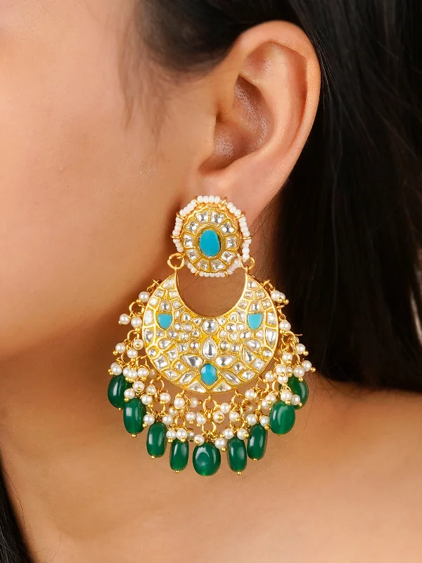 Silver earrings for women -Firoza Color Gold Plated Thappa Jadau Kundan Earrings - TJ-E89WF