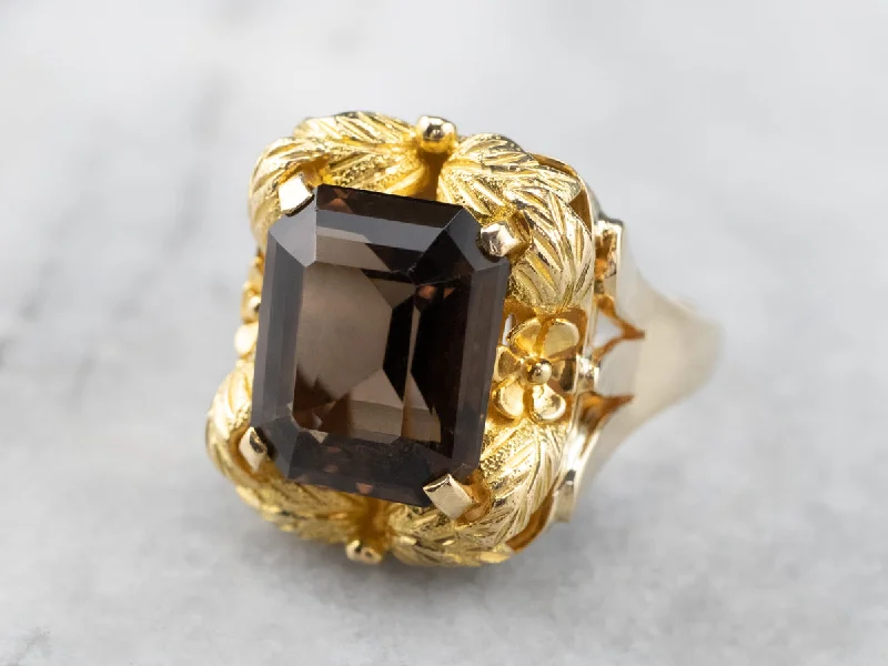 Personalized name rings for women -Vintage Smoky Quartz Botanical Gold Statement Ring