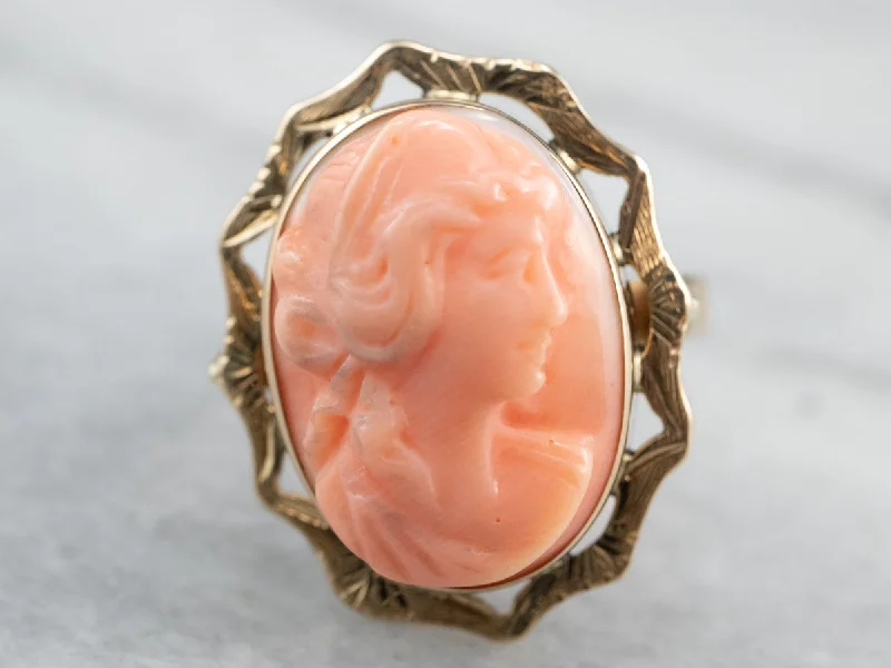 Wedding rings with sapphires for women -18K Gold Vintage Coral Cameo Ring