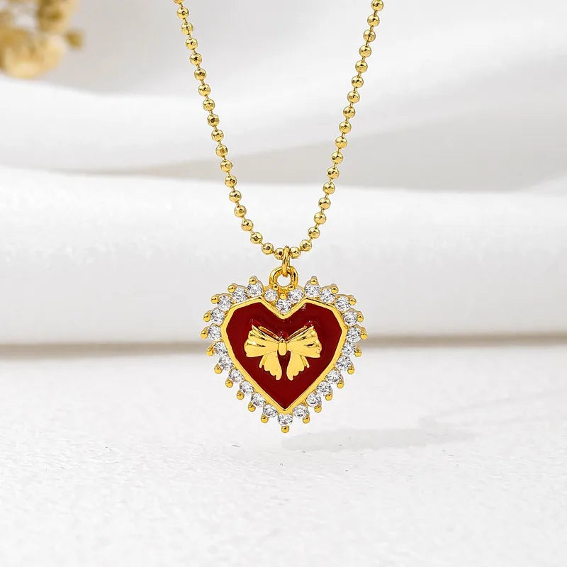 Diamond necklaces for women -Copper 18K Gold Plated Simple Style Classic Style Plating Inlay Heart Shape Bow Knot Zircon Pendant Necklace