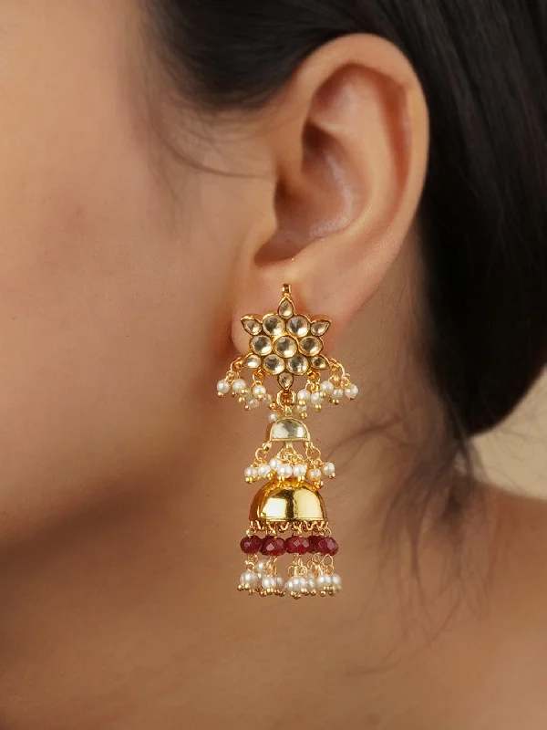 Geometric earrings for women -Maroon Color Gold Plated Jadau Kundan Earrings - ME989YA