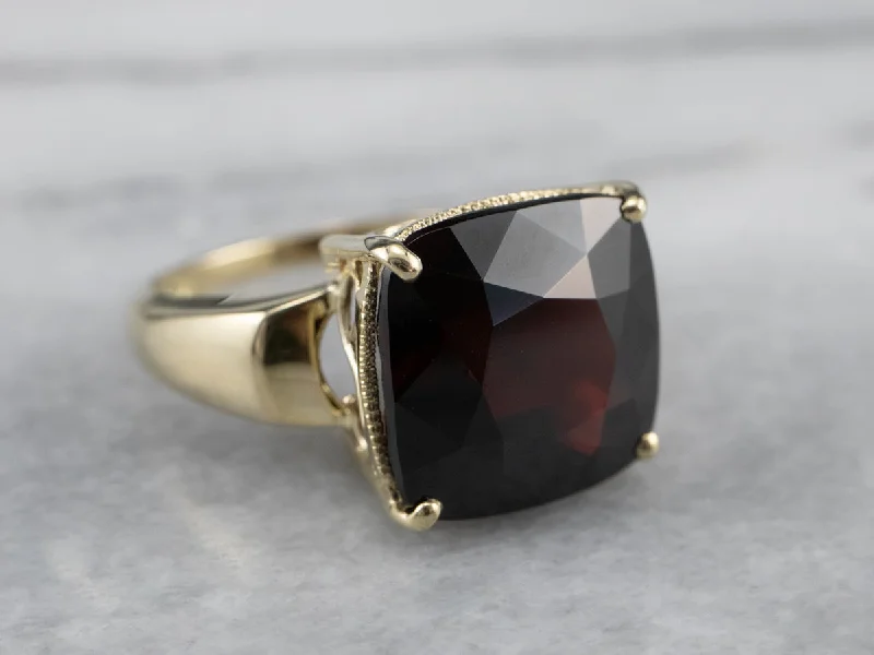 Custom silver engagement rings for women -Cushion Cut Garnet Gold Statement Ring