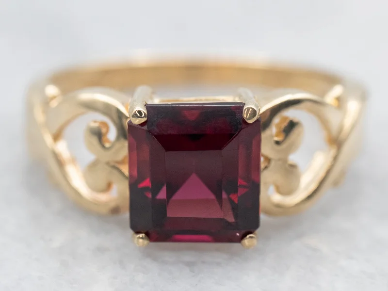 Large rings for women -Yellow Gold Rhodolite Garnet Solitaire Ring with Heart Shoulders