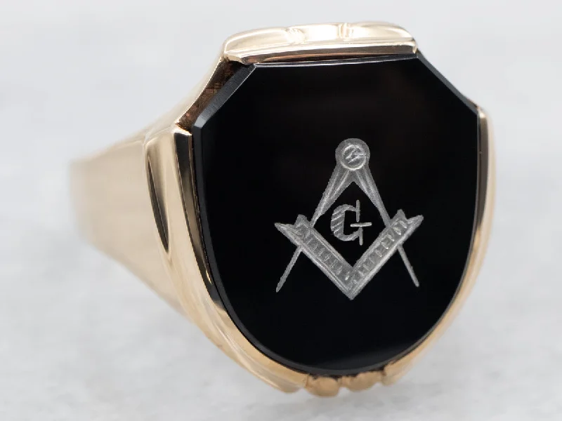 Multi-stone rings for women -Vintage Gold Black Onyx Masonic Ring