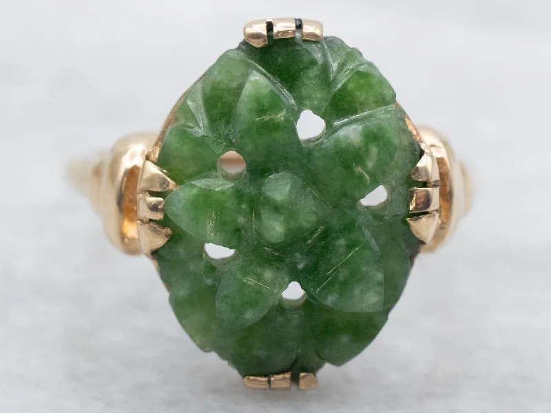 Engraved rings for women -Vintage Floral Carved Jade Cocktail Ring