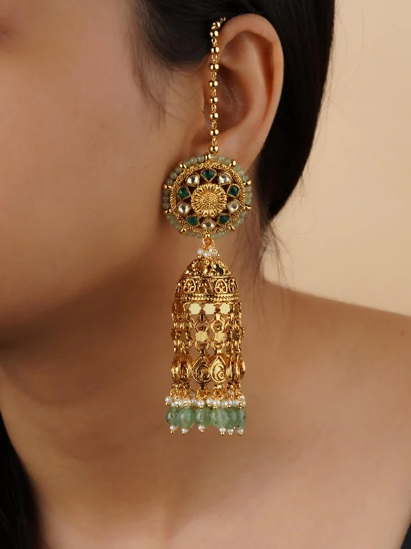 Personalized name earrings for women -Green Color Gold Plated Jadau Kundan Earrings - ME1226YGR