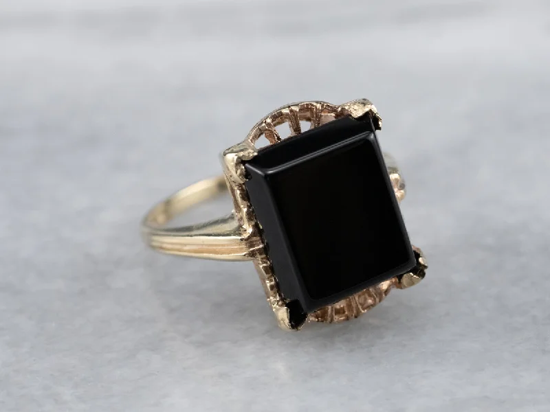 Stackable rings for women -Scalloped Gold Vintage Black Onyx Ring