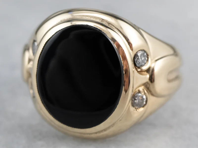 Custom diamond rings for women -Retro Black Onyx Diamond Gold Ring