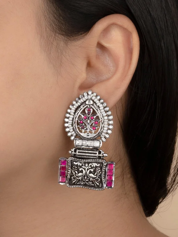 Sapphire earrings for women -Pink Color Silver Plated Tribal Earrings - EK-SFEAR325P